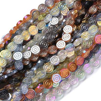 Electroplate Transparent Glass Beads Strands, Flat Round with Vortex