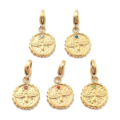 Плоская круглая подвеска с пчелой 304 из нержавеющей стали со стразами, украшения с застежкой в виде клешни лобстера, ионное покрытие (ip), реальный 14 k позолоченный