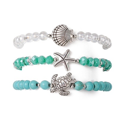 3шт 3 стили круглые стеклянные и синтетические бирюзовые бусины наборы тянущихся браслетов для женщин, Сплавочные овальные бусины тибетского стиля , разнообразные