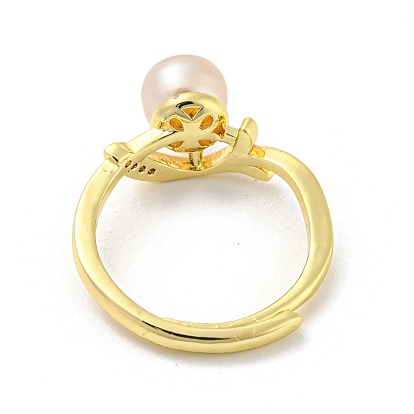 Brass Micro Pave Cubic Zirconia Leaf Adjustable Rings, with Natural Pearl