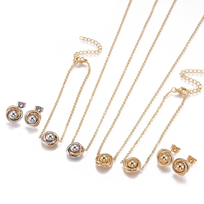 304 Stainless Steel Jewelry Sets, Bracelets, Necklaces and Earrings, Flower