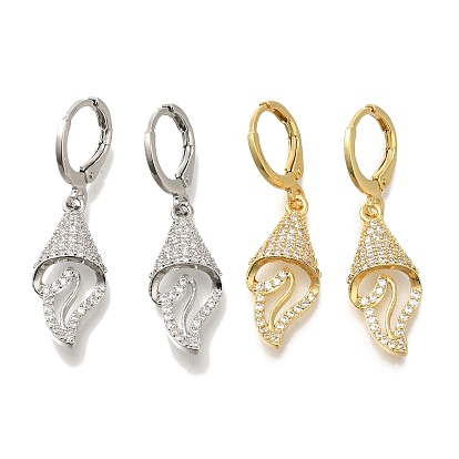 Серьги-кольца из латуни с микропаве из прозрачного кубического циркония в форме ракушки, долговечный, без свинца и без кадмия