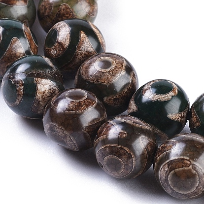 Tibetan Style 3-Eye dZi Beads Strands, Natural Agate, Dyed, Round