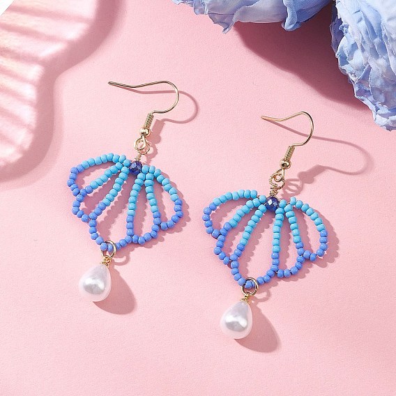 Серьги-подвески из стеклянных бусин в форме ракушки, с 304 нержавеющей стали серьги крючки, золотые