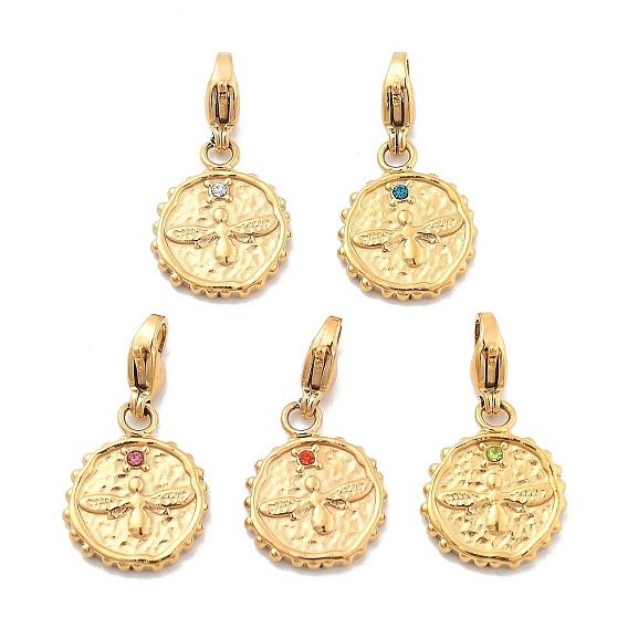 Плоская круглая подвеска с пчелой 304 из нержавеющей стали со стразами, украшения с застежкой в виде клешни лобстера, ионное покрытие (ip), реальный 14 k позолоченный