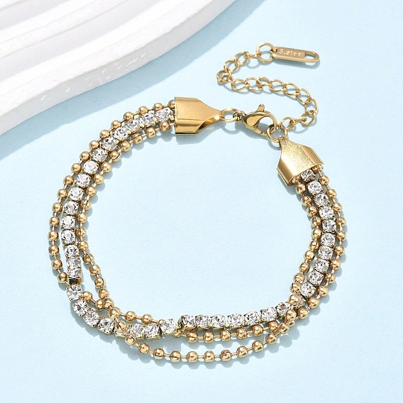 304 из нержавеющей стали браслеты многожильных, браслеты-цепочки со стразами и шариками для женщин, ионное покрытие (ip)