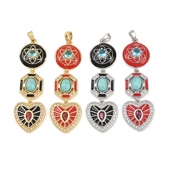 Латунные микропаве прозрачные подвески с фианитом, плоские круглые восьмиугольные сердечки с эмалью и синтетической бирюзой, платиной и золотом