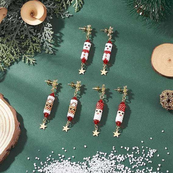 Серьги-гвоздики с подвесками из латуни с прозрачным кубическим цирконием на рождественскую тематику, со стеклянными бисеринами, золотые