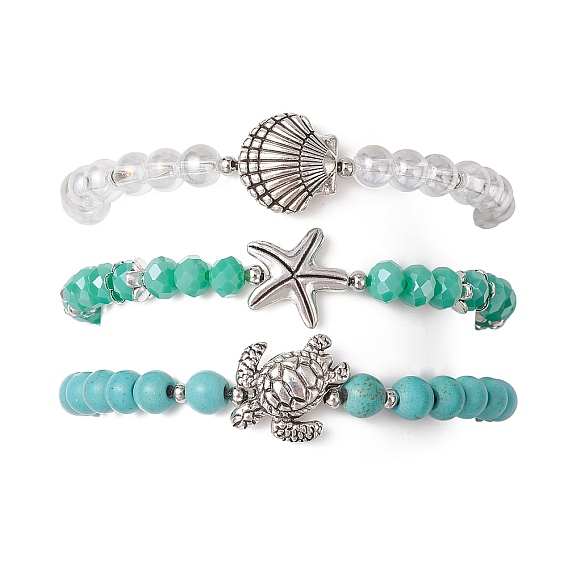 3шт 3 стили круглые стеклянные и синтетические бирюзовые бусины наборы тянущихся браслетов для женщин, Сплавочные овальные бусины тибетского стиля , разнообразные