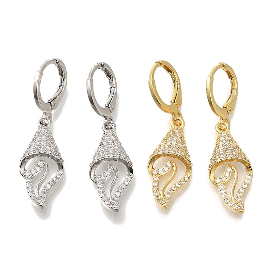 Серьги-кольца из латуни с микропаве из прозрачного кубического циркония в форме ракушки, долговечный, без свинца и без кадмия