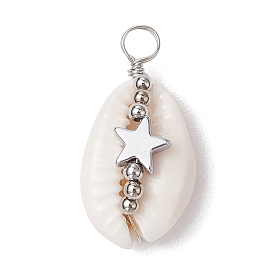 Natural Cowrie Shell Copper Wire Wrapped Shell Shape Pendants, Star/Heart Electroplated Synthetic Non-magnetic Hematite Charms