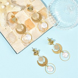Natural Keshi Pearl & Brass Link Connectors Stud Dangle Earring, Sun & Moon, with Brass Ear Stud Findings for Women