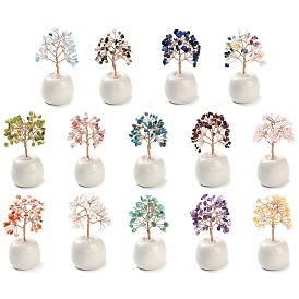 Natural Gemstone Chips Tree of Life Decorations, Round Porcelain Base with Copper Wire Feng Shui Energy Stone Gift for Home Office Desktop Decoration