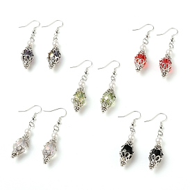 Glass Beads Dangle Earrings, Multi-Petal Filigree Iron Bead Caps, with Brass Earring Hooks, Platinum
