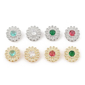 Brass Micro Pave Cubic Zirconia Slide Charms, Long-Lasting Plated, Flower