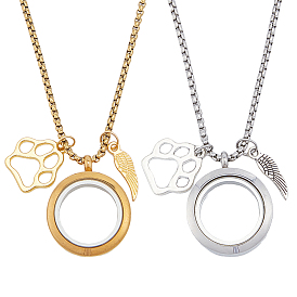 2 шт. 2 цвета сплава с отпечатком крыла и лапы и 304 плоские круглые ожерелья с медальоном из нержавеющей стали, ожерелья из нержавеющей стали с цепочкой-коробкой для женщин