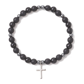 201 из нержавеющей стали крест шарм браслеты, Эластичные браслеты из натурального черного агата, обсидиана без глазков и немагнитного синтетического гематита с круглыми бусинами для мужчин и женщин.