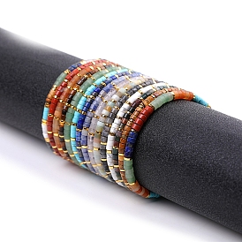 Natural & Synthetic Gemstone Braided Bead Bracelets for Men Women, Flat Round