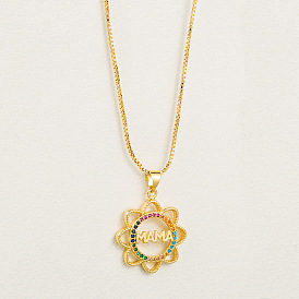 Hollow Sunflower Mama Pendant Necklace with Micro-Inlaid Zircon for Mother's Day