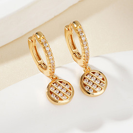 Шикарные плоские круглые серьги-кольца из латуни с сеткой из прозрачного кубического циркония