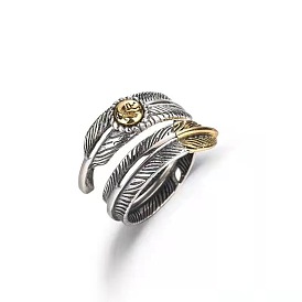 Two Tone Brass Feather Shape Wrap Open Cuff Ring for Women