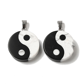 Natural Howlite & Obsidian Flat Round Pendants, Yin-yang Charms with Platinum Plated Alloy Snap on Bails