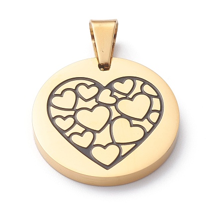 304 Stainless Steel Pendants, with Enamel, Polishing, Flat Round with Heart