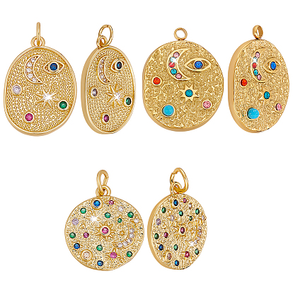 6 шт. 3 стили латунные подвески с микропаве из разноцветных кубических цирконий, с 2шт. 304 подвесками из нержавеющей стали со стразами, овальный и плоский круглый
