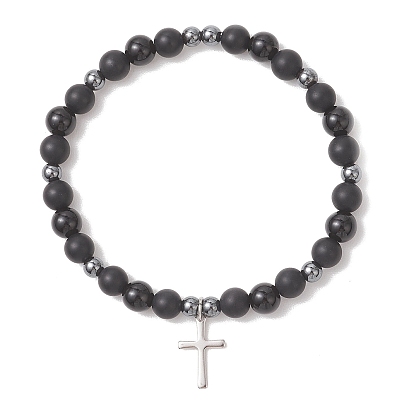201 из нержавеющей стали крест шарм браслеты, Эластичные браслеты из натурального черного агата, обсидиана без глазков и немагнитного синтетического гематита с круглыми бусинами для мужчин и женщин.
