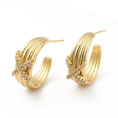 Cubic Zirconia Criss Cross Stud Earrings, Real 18K Gold Plated Brass Half Hoop Earrings for Women, Cadmium Free & Lead Free