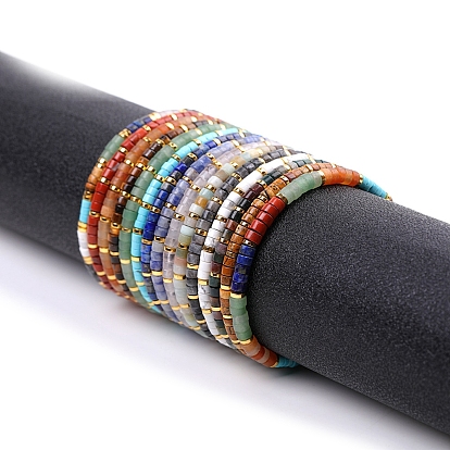 Natural & Synthetic Gemstone Braided Bead Bracelets for Men Women, Flat Round