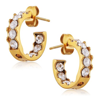 Clear Cubic Zirconia C-shape Stud Earrings, 430 Stainless Steel Half Hoop Earrings for Women