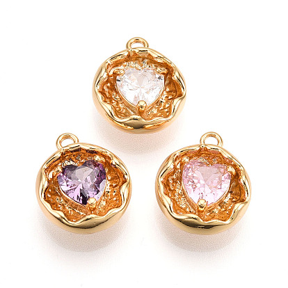 Латунные микро проложить кубического циркония прелести, Сердце & плоские круглые, долговечный, без никеля , реальный 18 k позолоченный