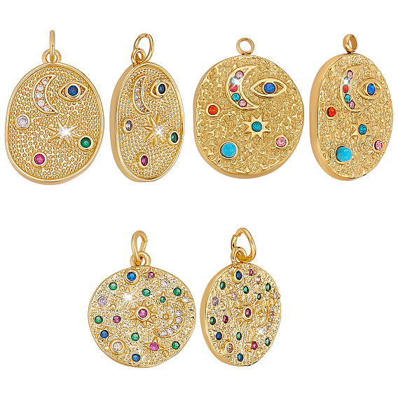6 шт. 3 стили латунные подвески с микропаве из разноцветных кубических цирконий, с 2шт. 304 подвесками из нержавеющей стали со стразами, овальный и плоский круглый
