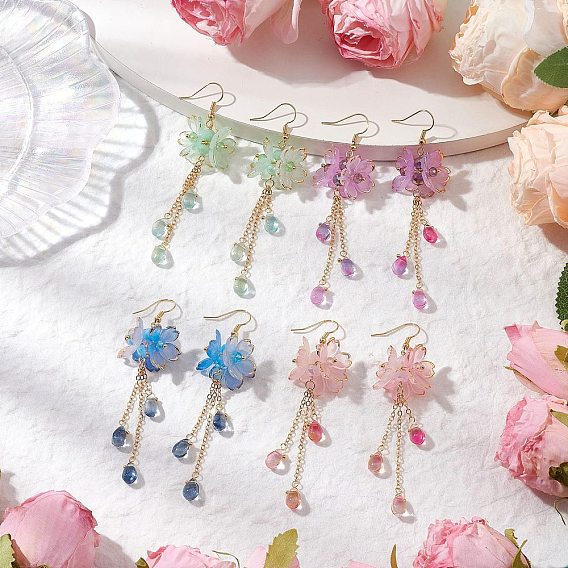 Pendientes colgantes de flores, con ganchos para pendientes de latón y alfileres de cabeza plana de acero inoxidable y tapas de cuentas de acrílico y cuentas de vidrio, dorado