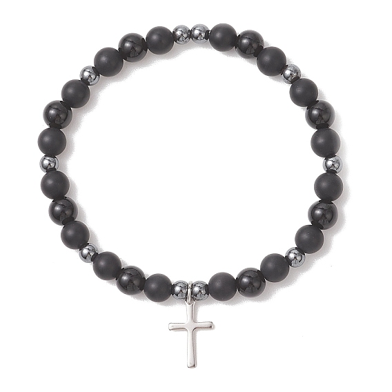 201 из нержавеющей стали крест шарм браслеты, Эластичные браслеты из натурального черного агата, обсидиана без глазков и немагнитного синтетического гематита с круглыми бусинами для мужчин и женщин.