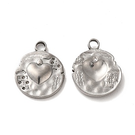 Valentine's Day 304 Stainless Steel Pendants, Flat Round with Heart Charm