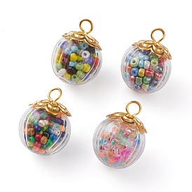 Handmade Transparent Blown Glass Globe Pendants, with Glass Seed Beads inside, Alloy Bead Caps and Iron Eye Pin