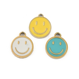 304 Stainless Steel Enamel Charms, Smiling Face Charms, Real 18K Gold Plated, Ion Plating(IP)