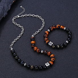 304 Наборы круглых бусин из нержавеющей стали, натурального тигрового глаза и натурального обсидиана