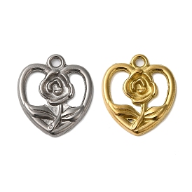 304 Stainless Steel Charms, Heart with Flower Pendants