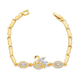 SHEGRACE Brass Real Gold Plated Link Bracelets, with Synthetic Cubic Zirconia, Swan