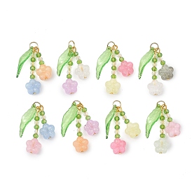 Pendentifs acryliques transparents , perles de verre, charmes de fleurs