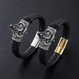 Браслеты из плетеного шнура из искусственной кожи в стиле панк, 304 Браслеты из нержавеющей стали с подвесками в виде змеи для мужчин, с магнитной застежкой