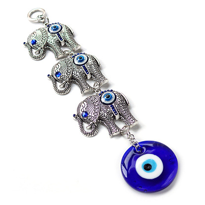Glass Blue Evil Eye Pendant Decorations, with Alloy Elephant Link, for Wall Car Hanging Decoration