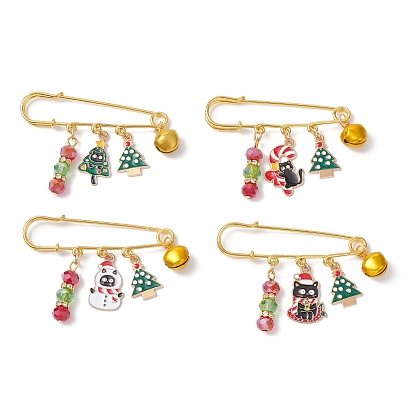 4 шт. сплав эмалевых подвесок-брошей в виде килта, с железными булавками и стеклянными бусинами, фигурка кота с елкой и снеговиком, золотые