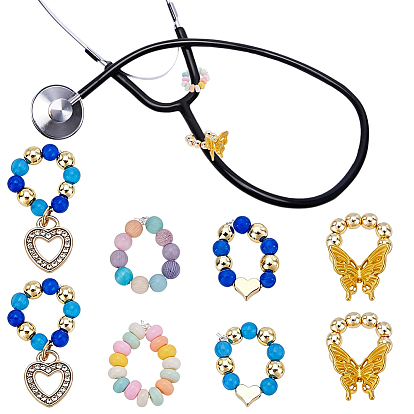 8piezas de colgantes para estetoscopio de hematita sintética, vidrio, latón y aleación, Corazón y mariposa, con colgantes de diamantes de imitación de aleación