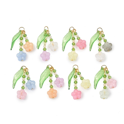 Pendentifs acryliques transparents , perles de verre, charmes de fleurs