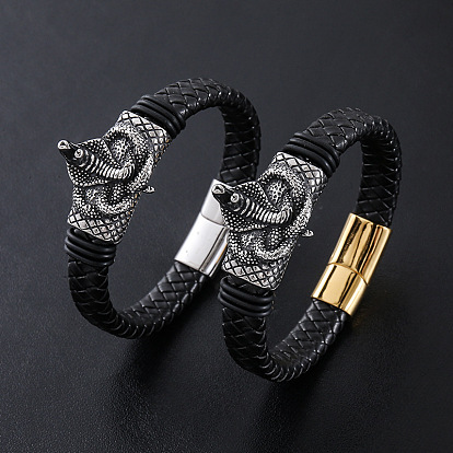 Браслеты из плетеного шнура из искусственной кожи в стиле панк, 304 Браслеты из нержавеющей стали с подвесками в виде змеи для мужчин, с магнитной застежкой
