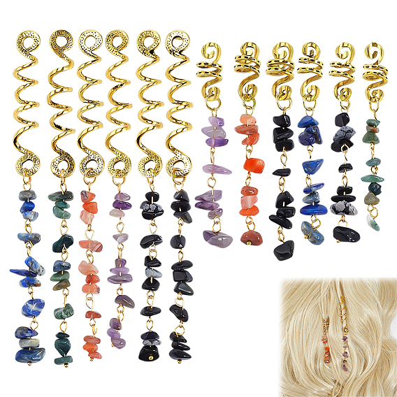 12Pcs 2 Styles Natural Gemstone Hair Styling Tool, with Alloy Findings